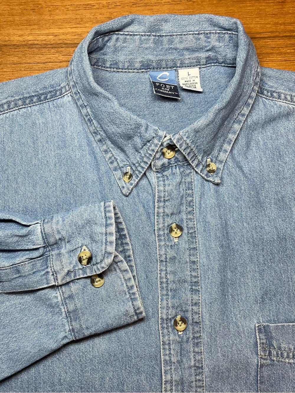 Vintage Port & Company Blue Denim Button Up Shirt Mens Large Long Sleeve Cotton